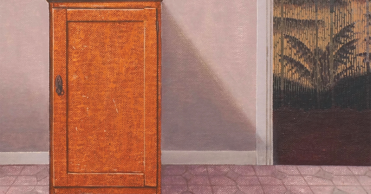 Cover of Overland 247. Cover design is a painting by Hop Dac, of a pink wall and floor, with an orange cabinet, a beaded door curtain, and a brown rabbit lying on the floor.